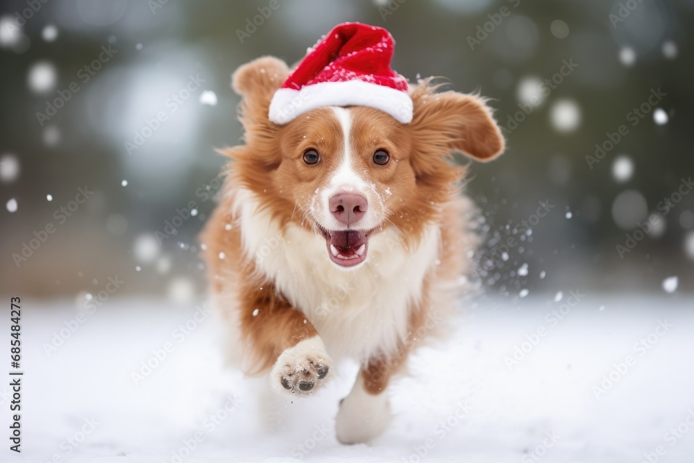 running dog santa hat, winter snowfall blurred 