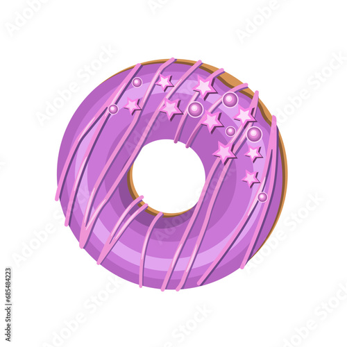 Appetizing donut in pink glaze, decorated with confetti, isolated on a white background. Vector illustration of baked goods for pastry shops, holiday designs.