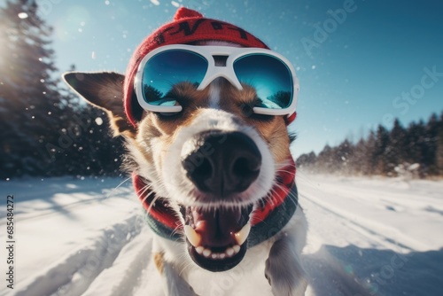 running ,dog santa hat, colorful sunglass, extreme winter snowfall blurred photo