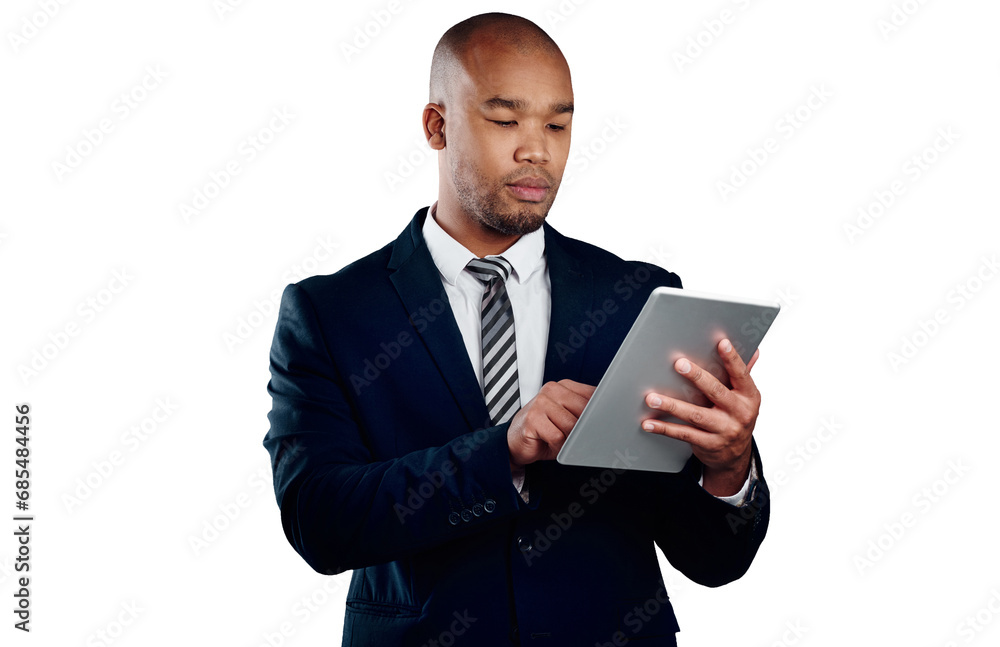 Businessman with suit, tablet and reading isolated on transparent png background for law firm email. Networking, digital app and black man, lawyer or attorney with online business, website or search. Businessman with suit, tablet and reading isolated on transparent png background for law firm email. Networking, digital app and black man, lawyer or attorney with online business, website or search.