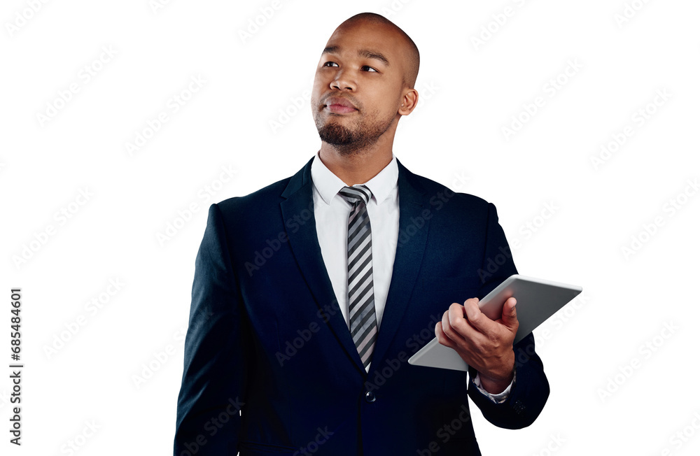 Businessman with suit, tablet and thinking isolated on transparent png background at law firm. Networking, digital app and black man, lawyer or attorney at online business, website or internet search Businessman with suit, tablet and thinking isolated on transparent png background at law firm. Networking, digital app and black man, lawyer or attorney at online business, website or internet search