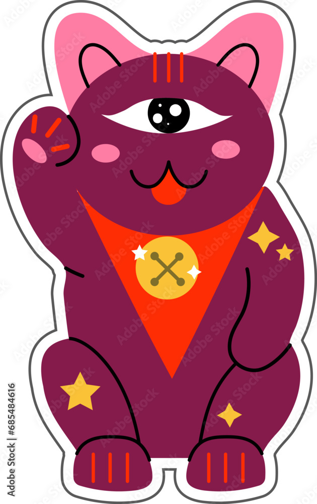 Cartoon maneki neko cat sticker. Magical one eyed cat. ,Japanese symbol of good luck, wealth and well-being.