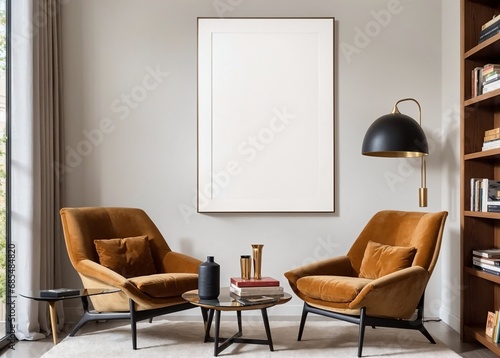 cozy and stylish living room with orange armchairs, round coffee table, curved lamp, and gray wall