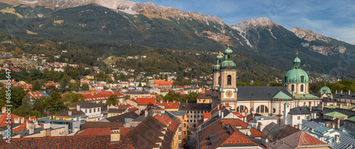 Panoramic view of colorful historic buildings in Innsbruck, Austria