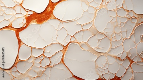 An intricate abstract pattern of white and orange hues dances across the cracked surface, evoking a sense of chaotic beauty and raw emotion photo