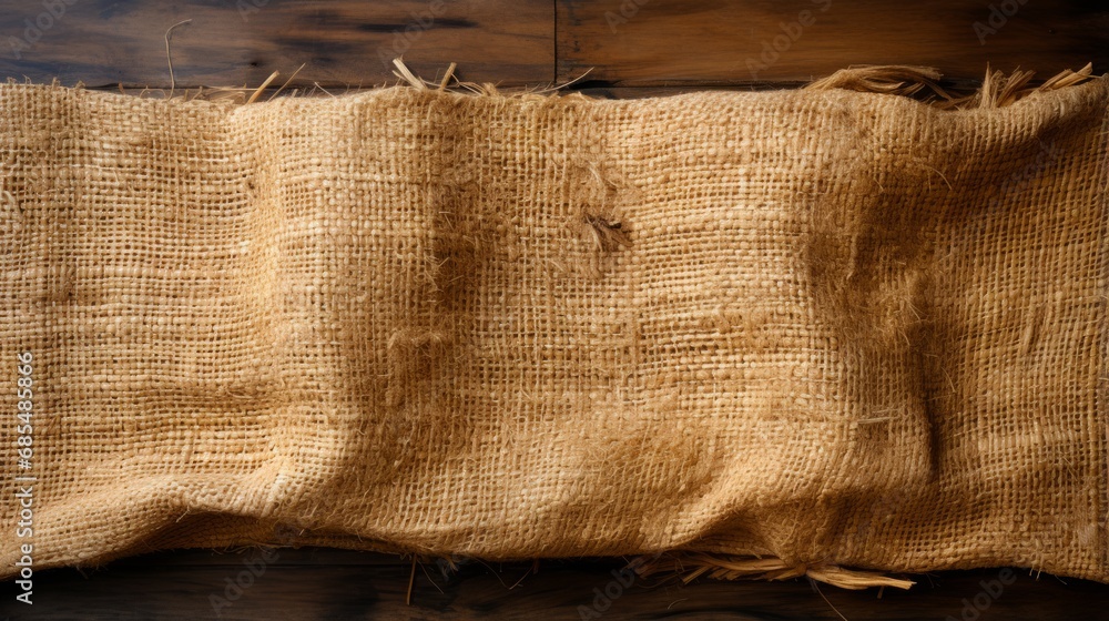 A rugged burlap sack rests upon a rustic wooden surface, exuding an adventurous aura with its utilitarian design and promise of endless possibilities within A rugged burlap sack rests upon a rustic wooden surface, exuding an adventurous aura with its utilitarian design and promise of endless possibilities within