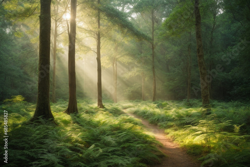 A tranquil forest glade with dappled sunlight © ZOHAIB