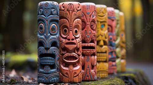 A mesmerizing outdoor display of intricate carved totems, each one a unique and powerful artifact of ancient art and culture, standing tall like columns in a sacred forest