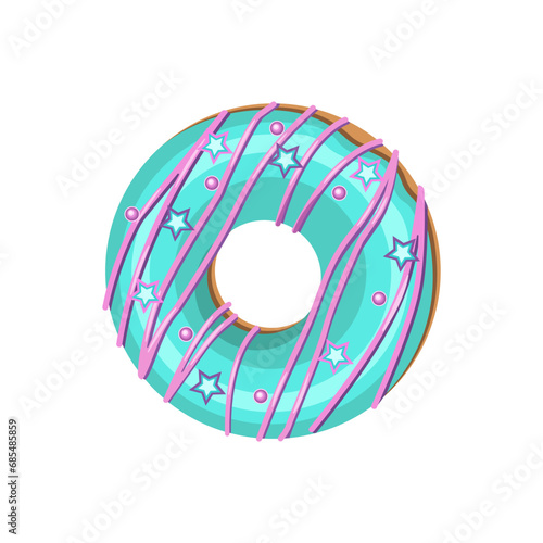 Appetizing donut in turquoise glaze, decorated with confetti, isolated on a white background. Vector illustration of baked goods for pastry shops, holiday designs.
​