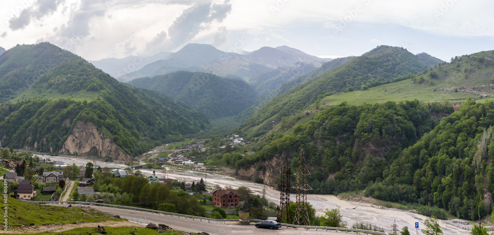 Panoramic view of the village Karasu in the Caucasus mountains
