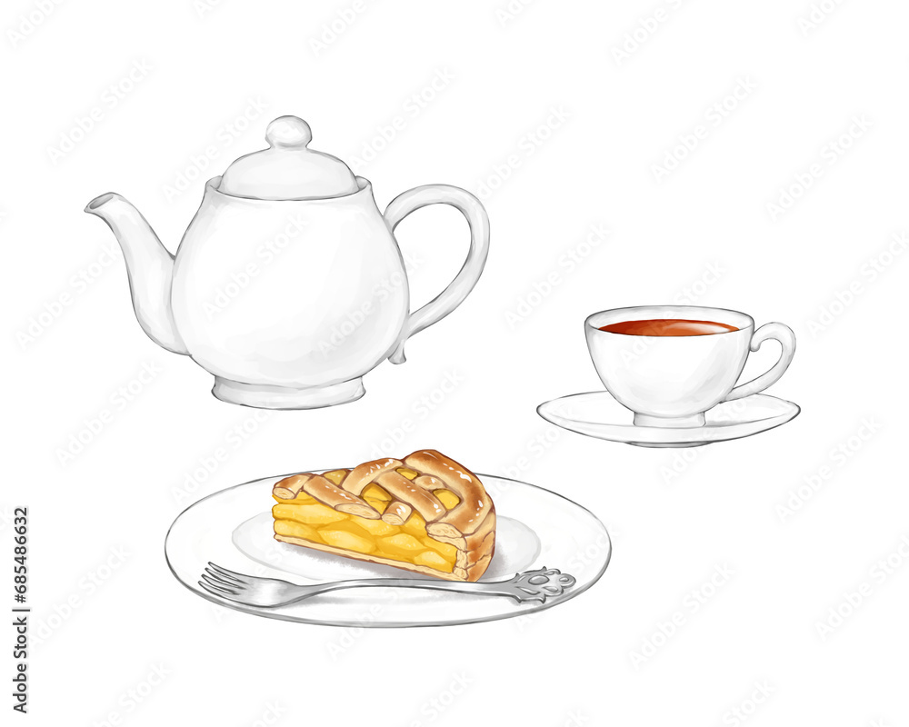 A slice of apple pie, a cup of tea and a teapot A slice of apple pie, a cup of tea and a teapot