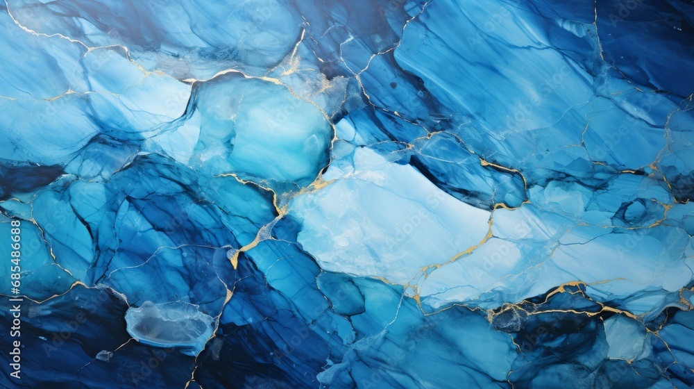 Naklejka premium The icy hues of a melting glacier swirl and dance upon a canvas of blue and gold, capturing the abstract beauty of nature in its fluid and wild essence