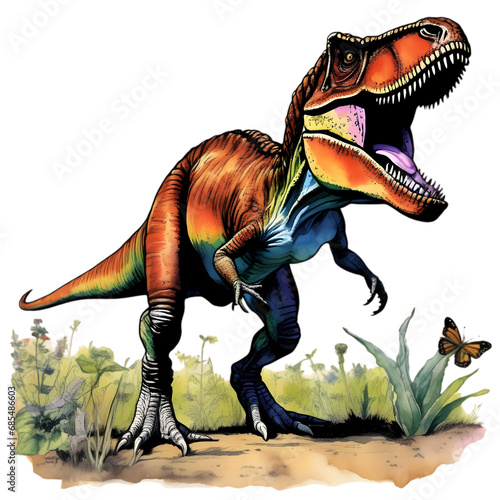 A T-rex, standing, looking back in open-mouth , on white background, watercolor, pen and ink, vibrant, lush, colorful © CHAIYAPHON