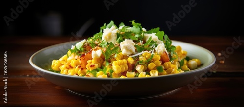The melted cheese stretches on the corn salad.