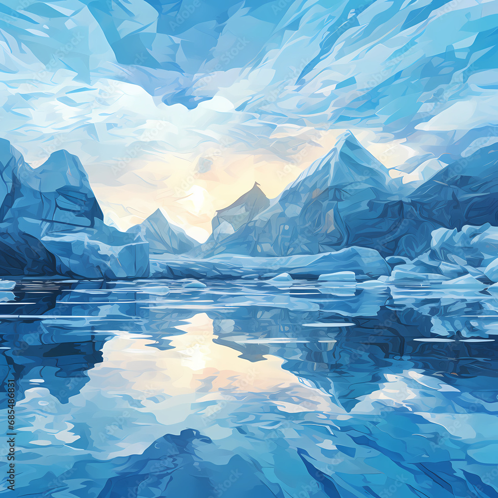 an abstract pattern inspired by the reflections and distortions seen in icy landscapes