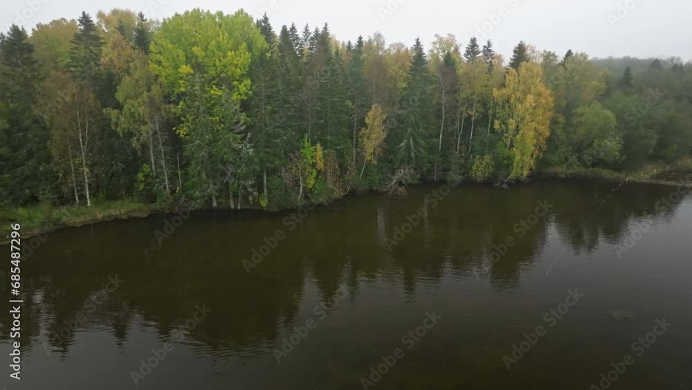 Tranquil Lake With Reflection Of Trees On A Misty Day In Sweden - aerial drone shot Tranquil Lake With Reflection Of Trees On A Misty Day In Sweden - aerial drone shot