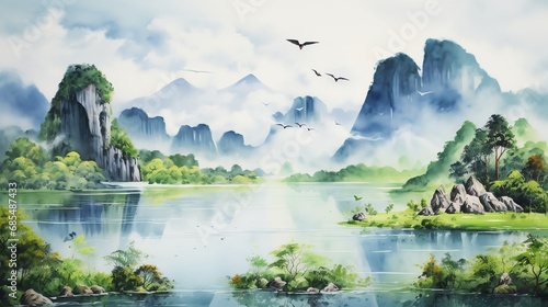 lake river mountain landscape with animals wild life watercolor painting for wall art background wallpaper