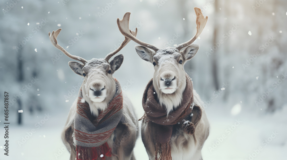 reindeer with scarves, goofy, winter background - obrazy, fototapety, plakaty 