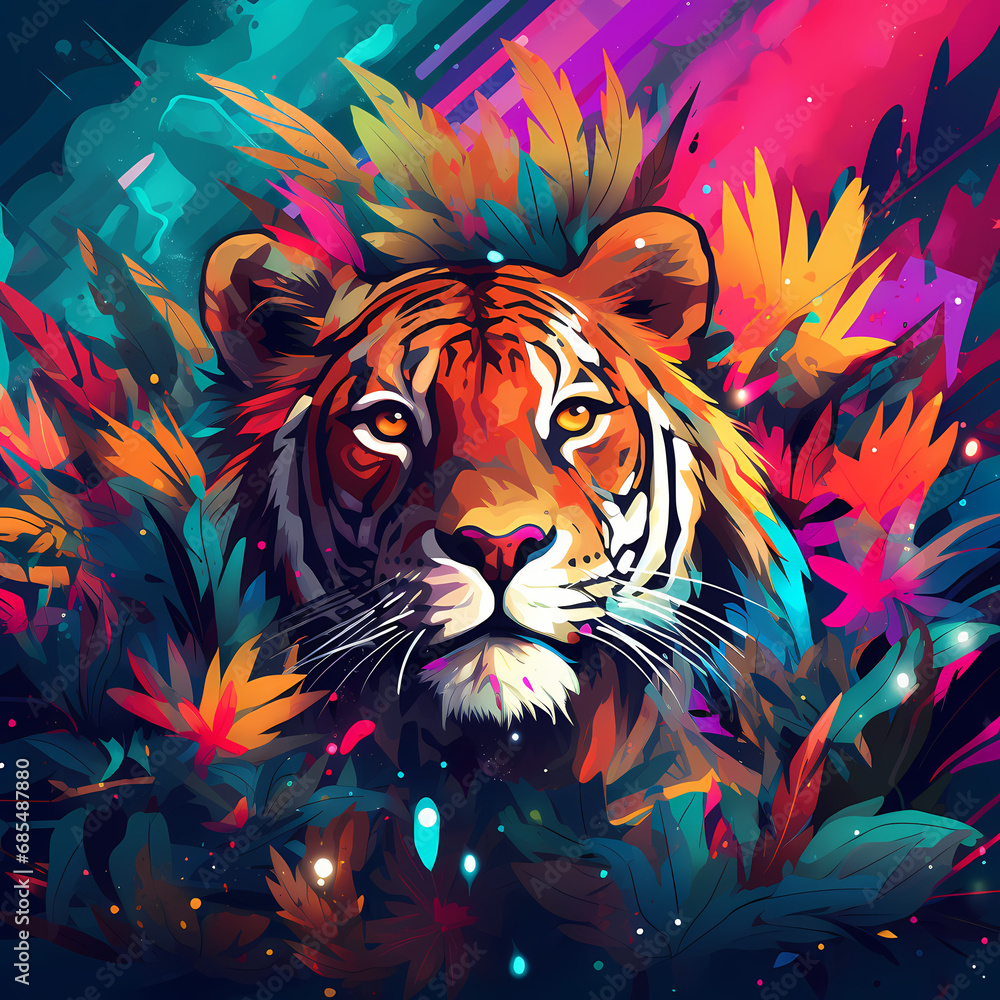 an abstract representation of a techno-infused jungle, blending vibrant colors and dynamic shapes