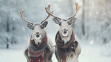reindeer with scarves, goofy, winter background