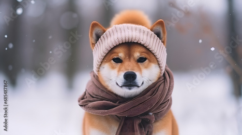 Shiba inu dog with scarves and hats, goofy, winter background © Lerson