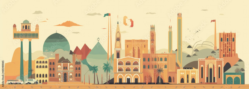 Iran Famous Landmarks Skyline Silhouette Style, Colorful, Cityscape, Travel and Tourist Attraction