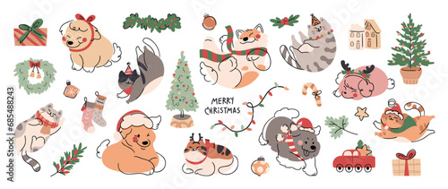 Merry christmas and happy new year concept background vector. Collection drawing of cute dogs and cats with decorative scarf, ribbon, hat. Design suitable for banner, invitation, banner, cover.