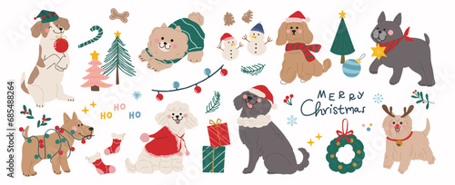 Merry christmas and happy new year concept background vector. Collection drawing of cute dogs with decorative scarf, ribbon, hat. Design suitable for banner, invitation, card, greeting, banner, cover.