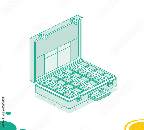 Business briefcase with packs of dollars. Isometric outline concept. 3d object.