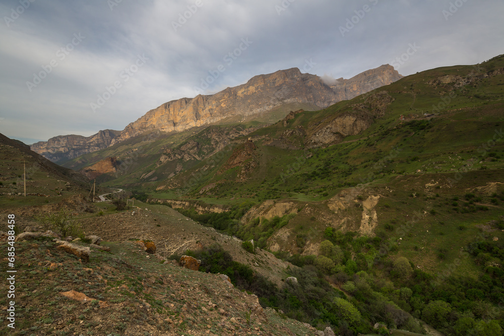 Panoramic view of the Caucasus mountains on sunset