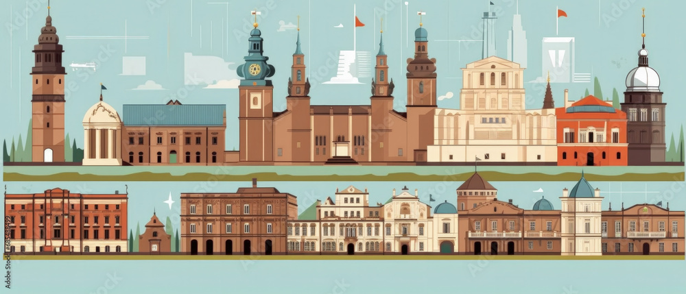 Poland Famous Landmarks Skyline Silhouette Style, Colorful, Cityscape, Travel and Tourist Attraction