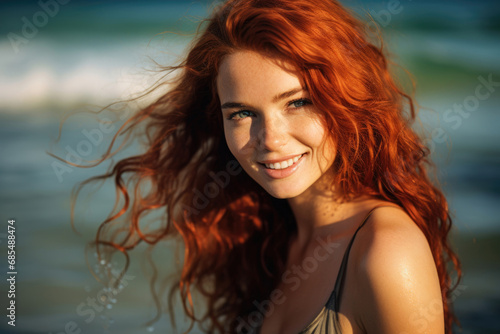 Smiling beautiful red-haired woman on sea © Veniamin Kraskov