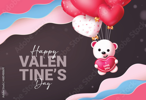 Valentine's day vector design. Happy valentine's day greeting text with teddy bear and heart balloons romantic elements for holiday template. Vector illustration hearts day greeting card.
