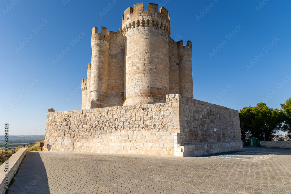 Peñafiel, Spain - October 12, 2023: views of the Pe?afiel castle from different areas of the town of Peñafiel in the province of Valladolid, Spain