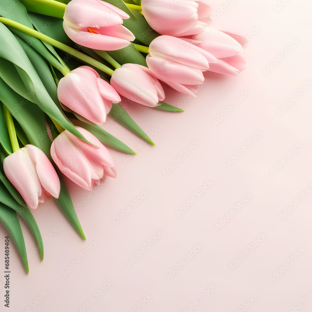 Lovely pastel red tulips bunch, floral border at light background, top view. Layout for springtime holidays. Mother day greeting card