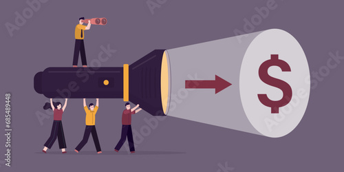 Business people uses giant flashlight uncovering dollar sign. Right direction of company development, team is moving along road to big profit and success.