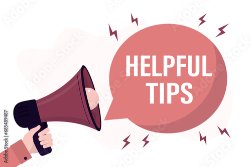 Male hand holding megaphone with speech bubble. Loudspeaker. Banner for business, marketing and advertising. human hand holding loudspeaker with announce on bubble speech - helpful tips