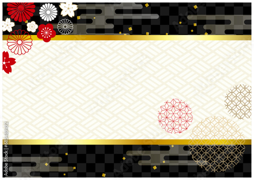 花舞う上下が和柄の金フレーム年賀状素材黒屏風