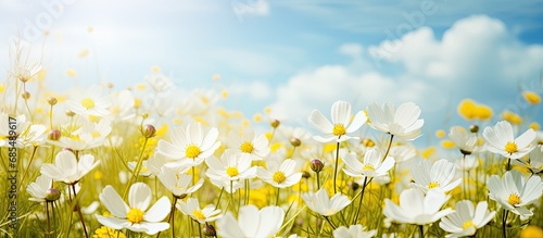 The blooming white flowers with beautiful yellow petals are surrounded by nature's greenness under a shining sky. © AkuAku