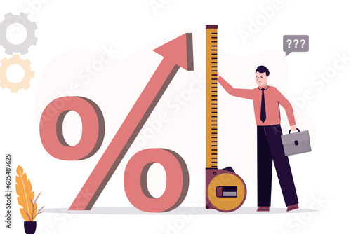 Businessman using tape measure to measure the height of the percentage symbol - interest, inflation, interest rates, gdp growth. Business financial concept.