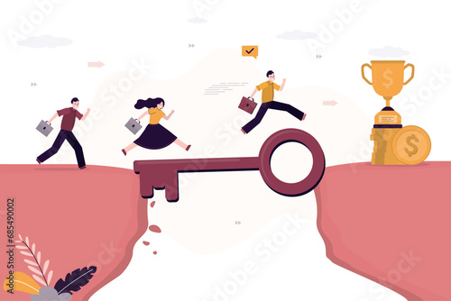 Smart business people running on giant key cross the gap. Key success, solution to solve problem and overcome obstacles, link or connect bridge to help achieve success,