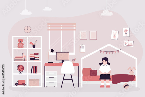 Little girl kid in bedroom with bed, shelving, desk, bookshelf and toys. Child room, nursery interior with books on shelf, pictures on wall, plants and carpet. Children room.