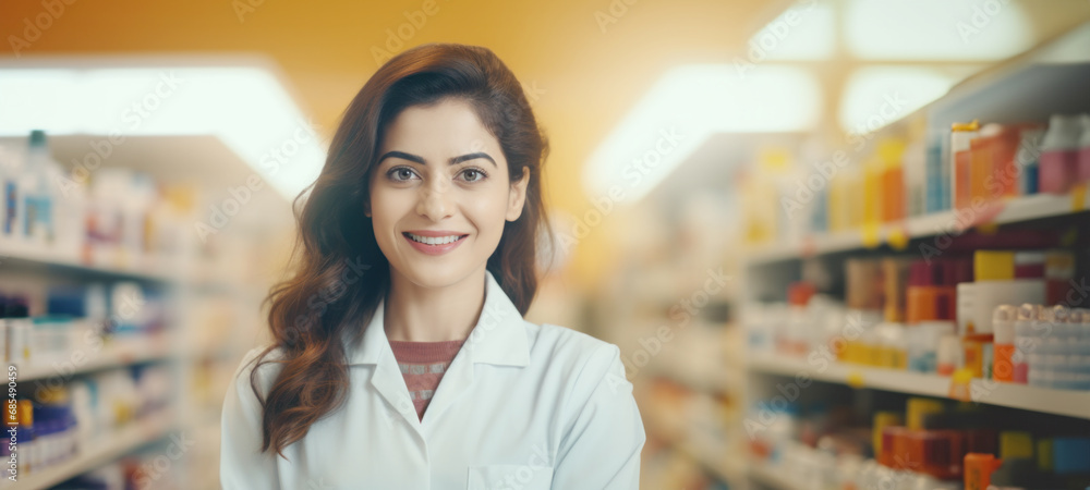 Female pharmacist at the drugstore. Healthcare pharmacists work at the hospital. Doctor specialists organize prescription medications