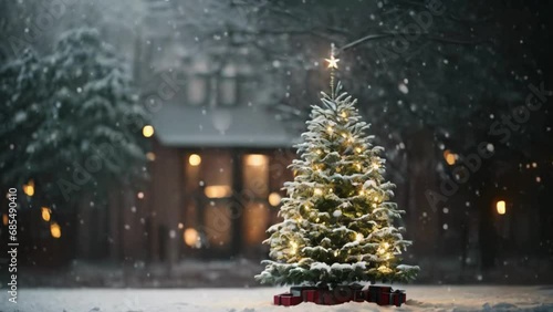 Festive Flurries: Christmas Tree Delight in a Winter Snowfal photo