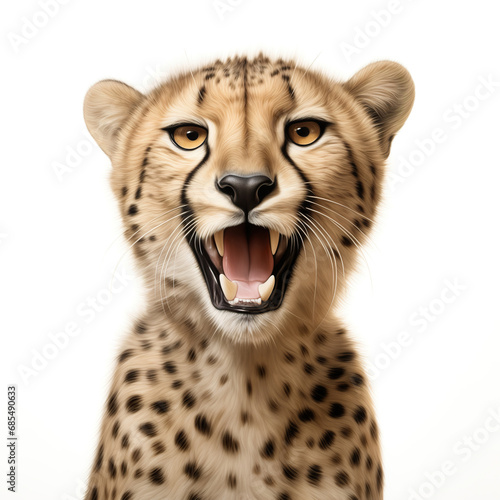 Cheetah roars  realistic portrait isolated on white background