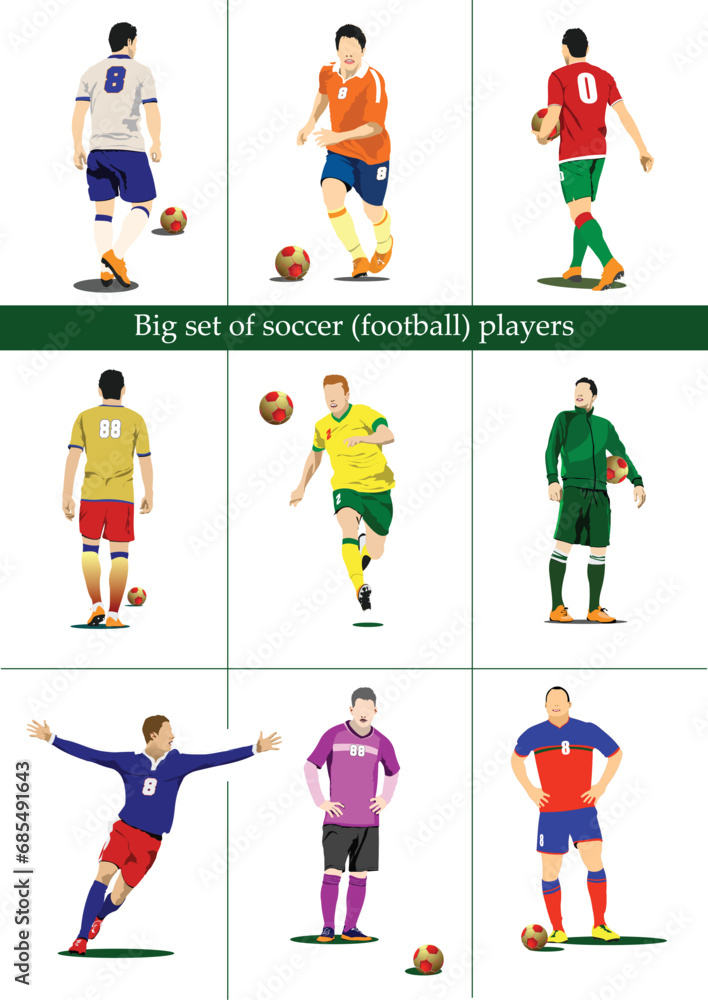 Big set of soccer players. 3d color vector illustration
