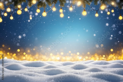 Snowdrift and defocused Christmas lights. Festive Christmas natural snowy landscape. Snow background with Copy space. © StockArtEmpire.AI