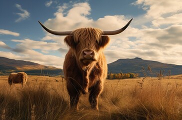 Tableau sur aluminium  Close up of a highland cow on the Scottish moor. A long haired type of domesticated cattle. AI generation.   © Vitali