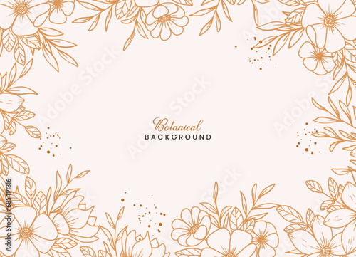 Hand-drawn floral botanical background with line art flowers and leaves