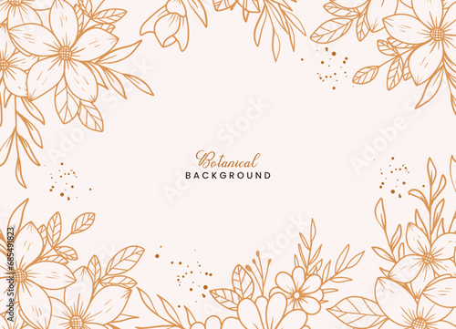 Hand-drawn floral botanical background with line art flowers and leaves